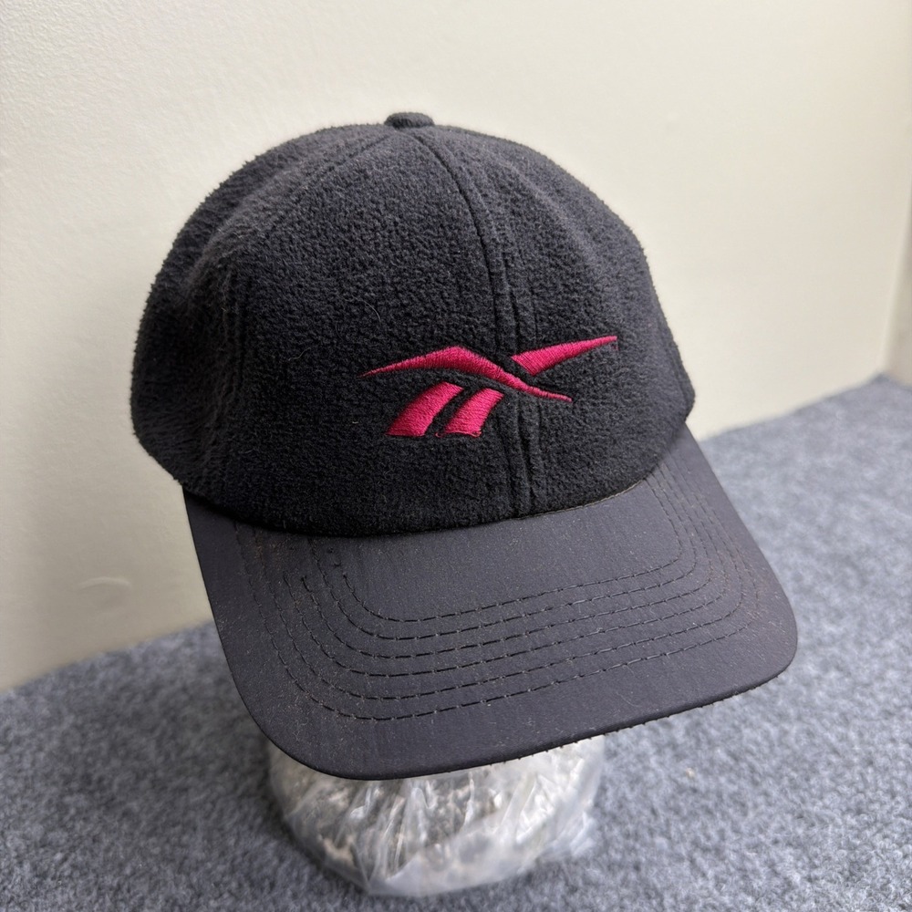 VINTAGE 90s Reebok Fuzzy Hat Made in USA Blockhead Logo Strap Back Black Cap